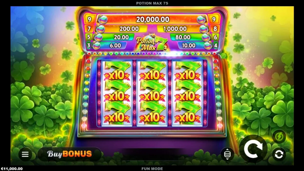 Interface do jogo de slot Potion Max 7s com tema irlandês e símbolos clássicos